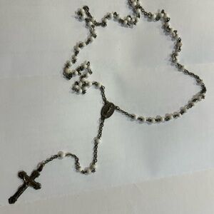Elegant White and Silver tone Rosary Necklace